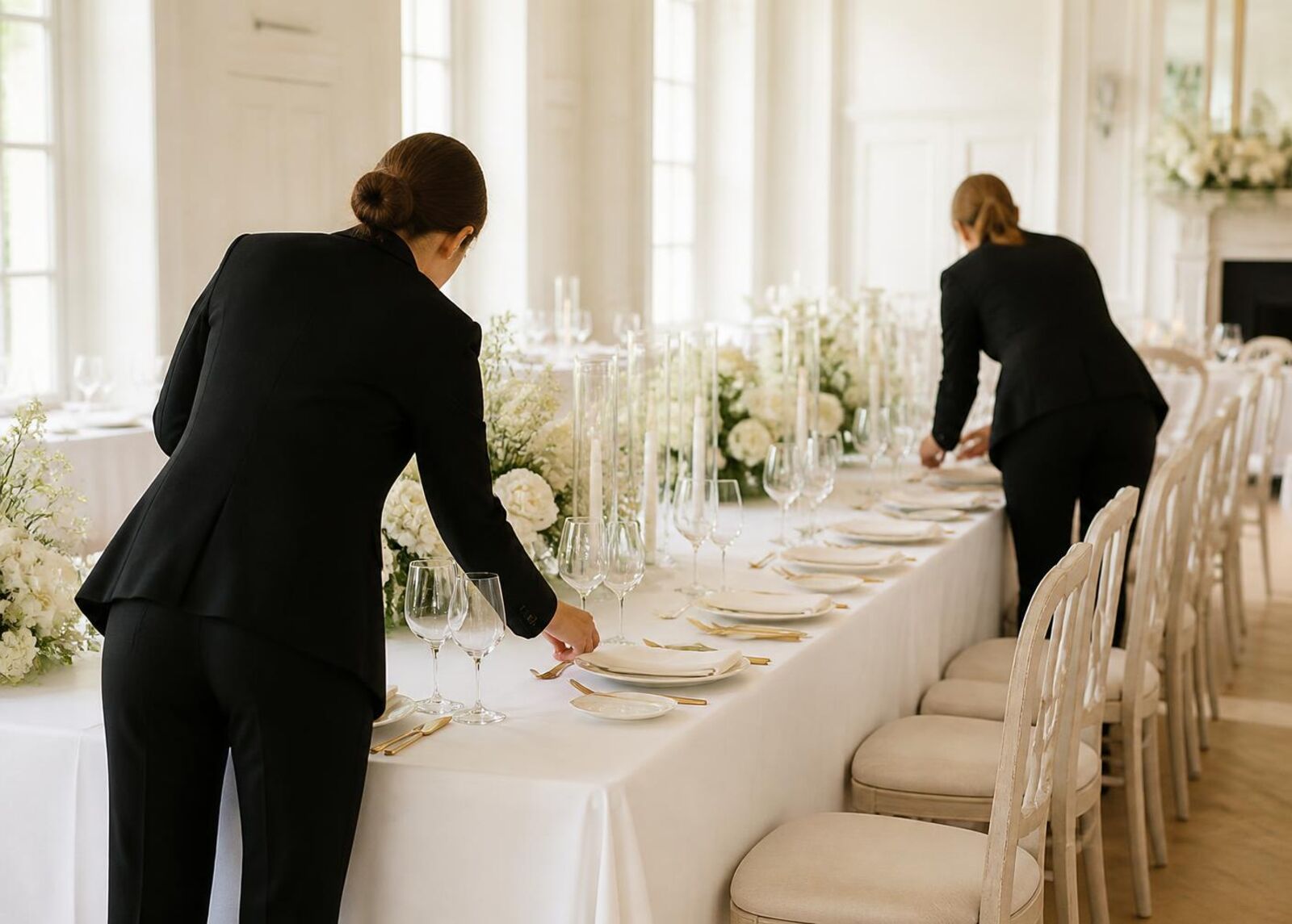 Two event staff members in professional black attire setting a long banquet table