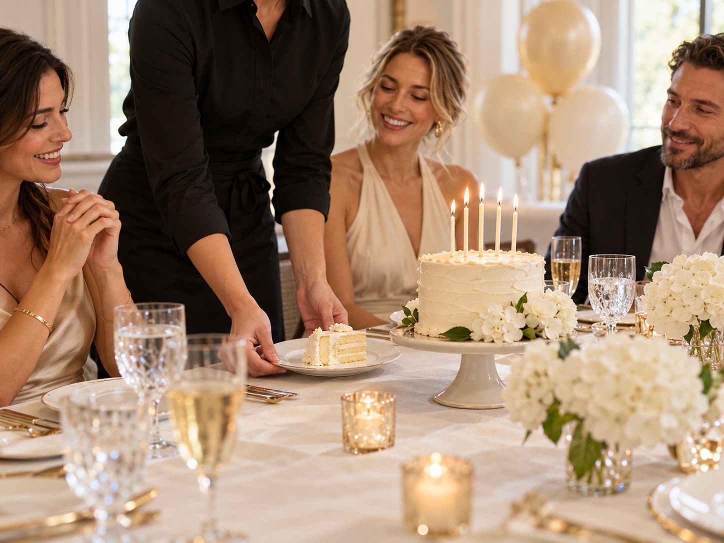 Server beside a birthday cake with candles at a dinner gathering