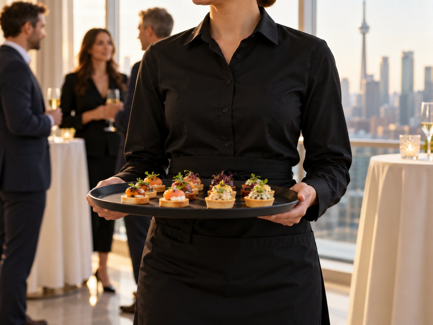 Server carrying canapés at a corporate networking reception with the Toronto skyline