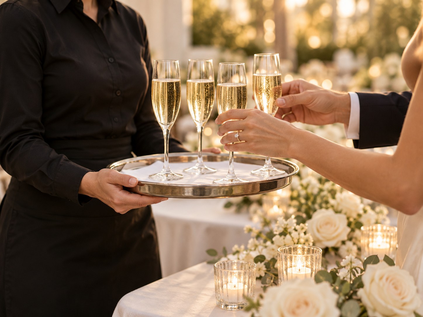 Server offering champagne as a couple toast their engagement