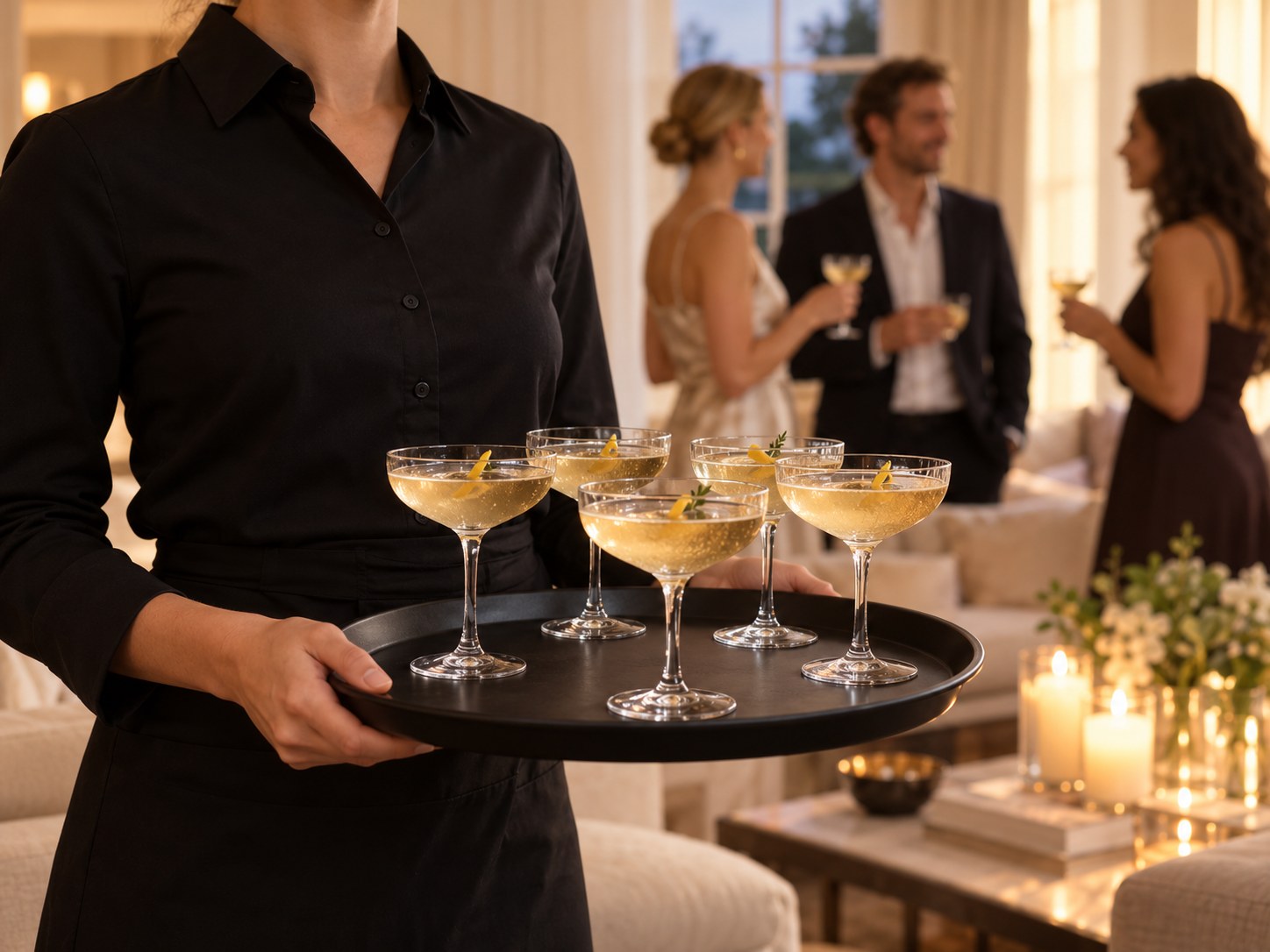 Server carrying coupe glasses at a private cocktail gathering