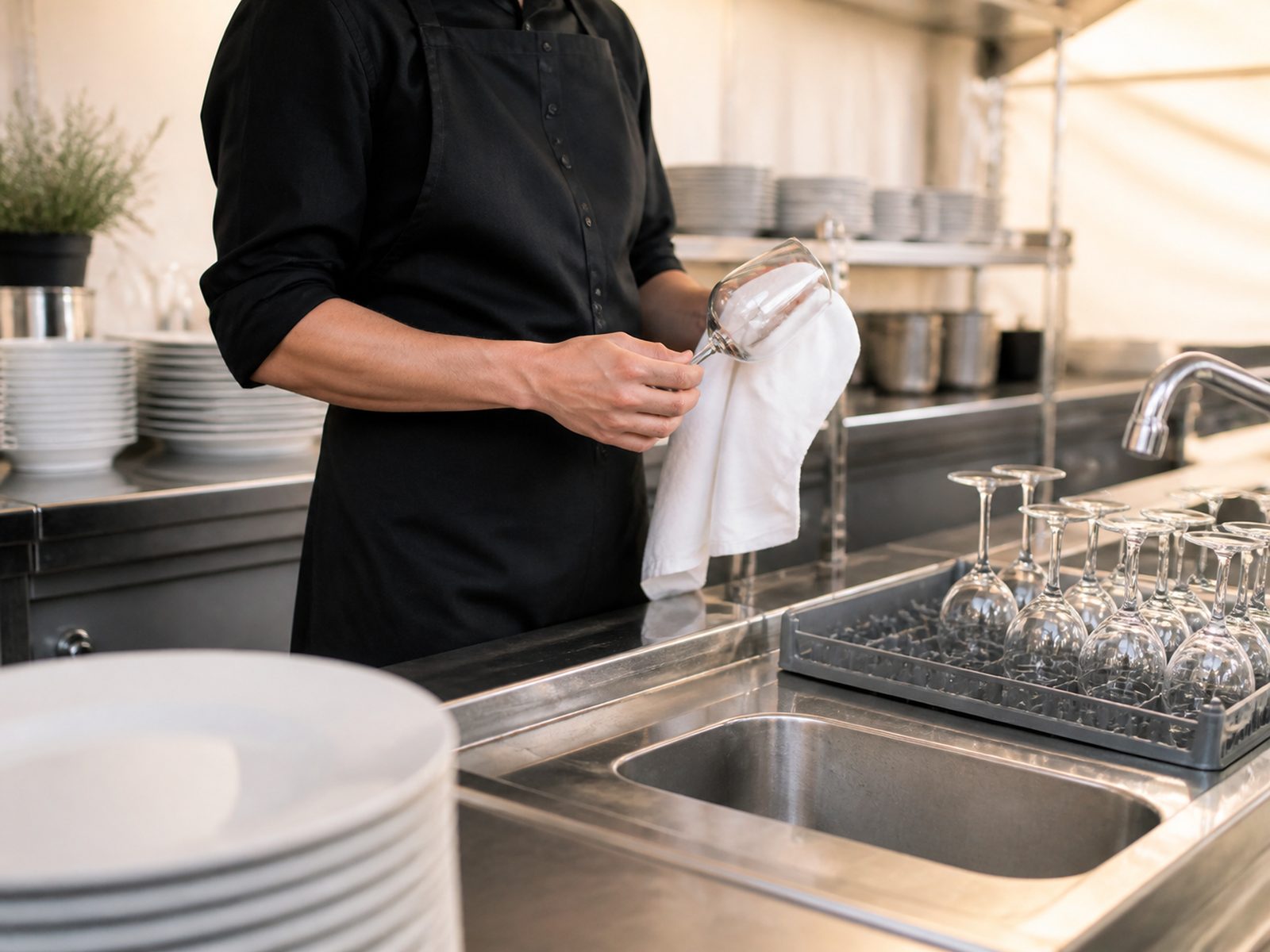 Illustrative photo of back-of-house staff washing and sorting dishes