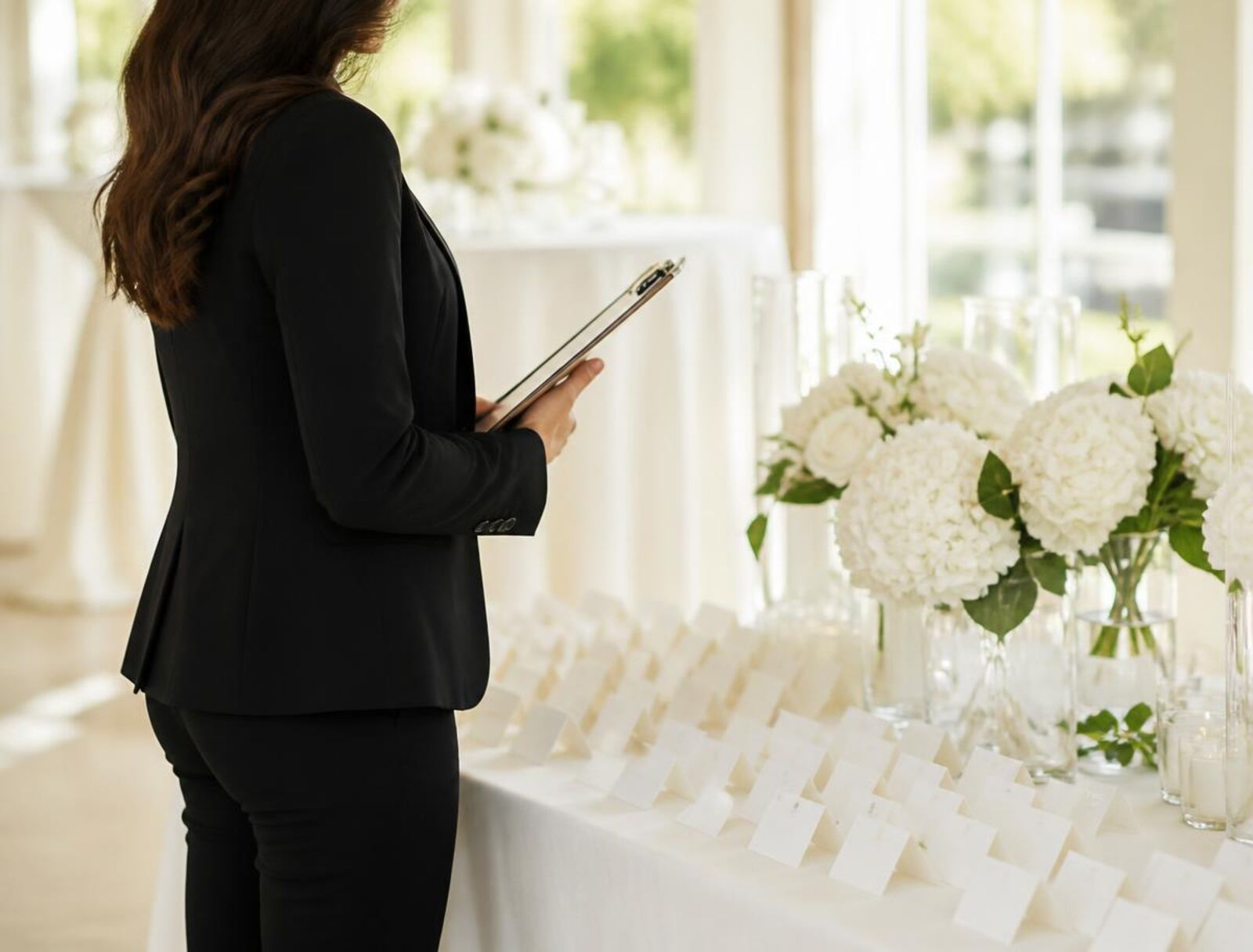Event host with a clipboard beside a table of guest cards and white flowers
